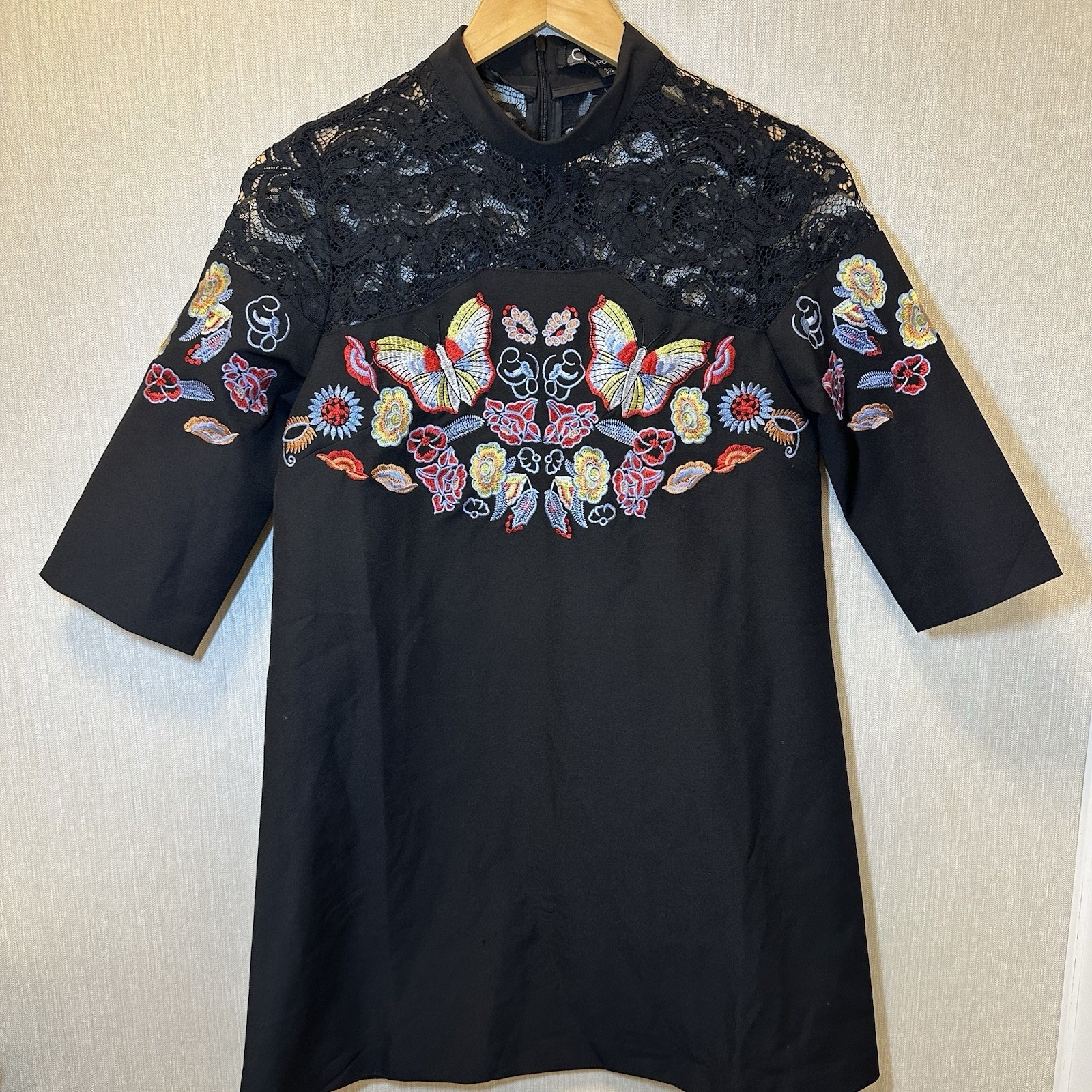 C'fait Pour Vous , Made In France Dress 38, Embroidered Lace Detail Black Dress